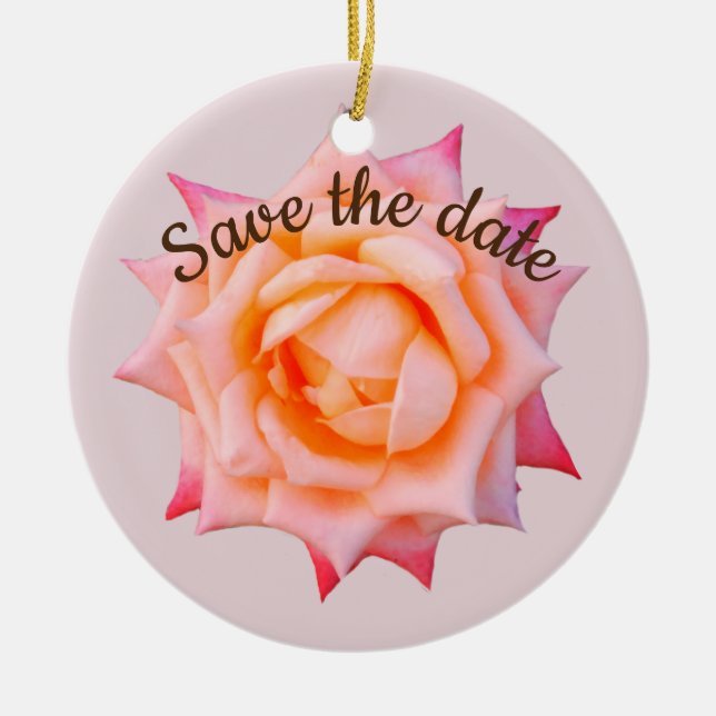 Save the datePink Rose Blossom Ceramic Tree Decoration (Front)