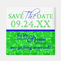 Save The Dates Green Damask Design Blue Magnet