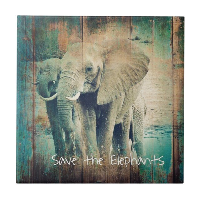 Save the Elephants Blue Wood Grunge Digital Art Tile (Front)