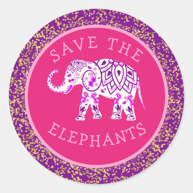 Save the Elephants Boho Pink Paisley Gold Glitter Classic Round Sticker (Front)