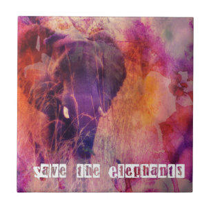 Save the Elephants Colourful Grunge Digital Art Tile