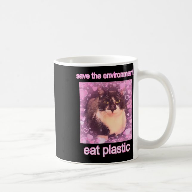 Save The Environment Eat Plastic Funny Cute Cat Me Coffee Mug (Right)