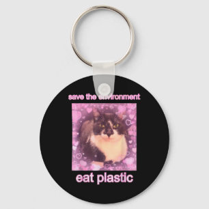 Save The Environment Eat Plastic Funny Cute Cat Me Key Ring