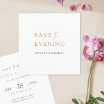 Save the Evening Elegant Minimalist Modern Gold  Date<br><div class="desc">This simply chic wedding save the evening flat card template features an elegant, minimalist, modern design. The front features your first names and a 'SAVE the EVENING' message in an elegant gold tone called California Gold and conveyed with a striking blend of two distinct fonts, with 'the' in a light,...</div>