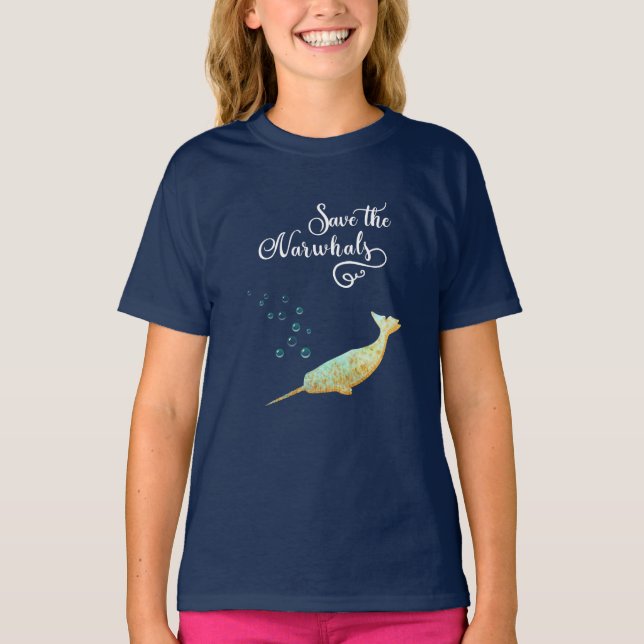 Save the Narwhals. Watercolor, Calligraphy Art T-Shirt (Front)