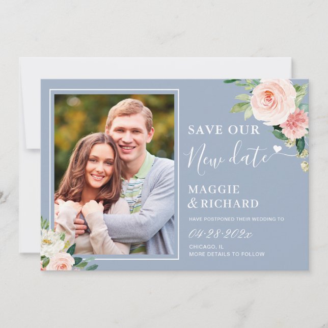 Save The New Date Dusty Blue Blush Pink Floral (Front)
