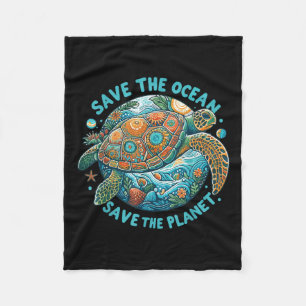 Save The Ocean Save The Planet Cute Sea Turtle Fleece Blanket