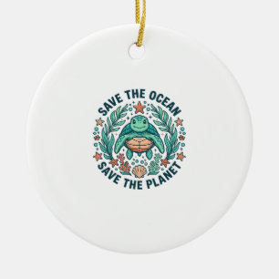 Save the Ocean Sea Turtle Vintage Engraving Shirt_ Ceramic Tree Decoration