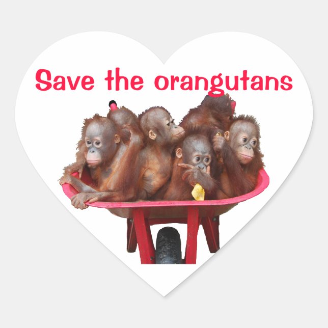 Save the Orangutans : Babies in Wheelbarrow Heart Sticker (Front)