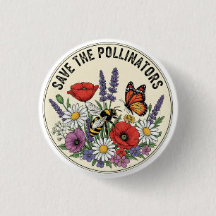 Save the Pollinator with bee, butterfly & flowers 3 Cm Round Badge