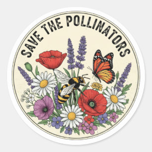 Save the Pollinator with bee, butterfly & flowers Classic Round Sticker