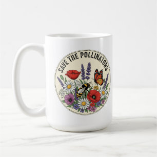 Save the Pollinator with bee, butterfly & flowers Coffee Mug