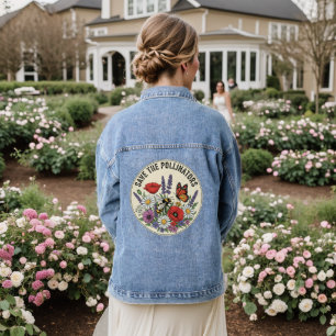 Save the Pollinator with bee, butterfly & flowers Denim Jacket