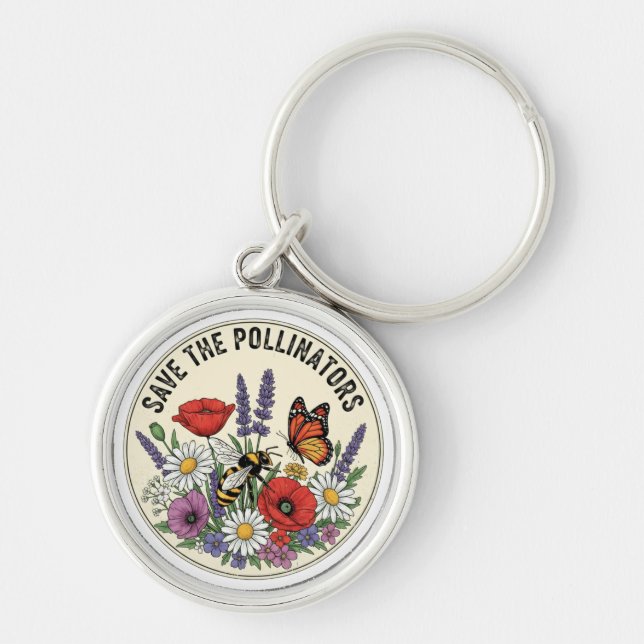 Save the Pollinator with bee, butterfly & flowers Key Ring (Front)