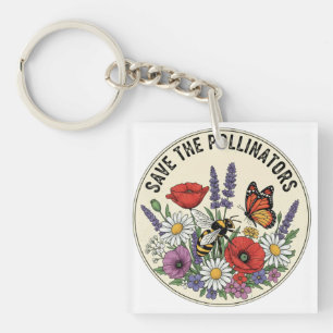 Save the Pollinator with bee, butterfly & flowers Key Ring