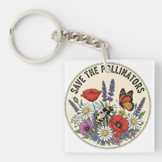 Save the Pollinator with bee, butterfly & flowers Key Ring