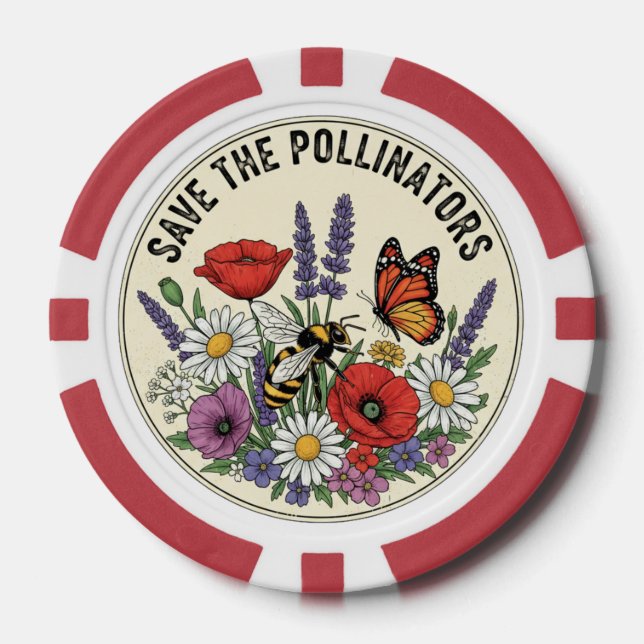 Save the Pollinator with bee, butterfly & flowers Poker Chips (Front)