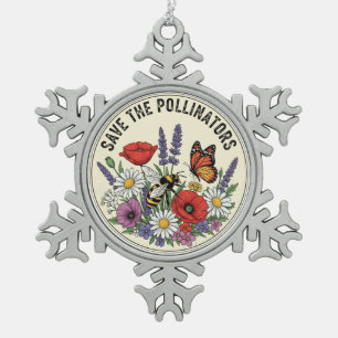 Save the Pollinator with bee, butterfly & flowers Snowflake Pewter Christmas Ornament