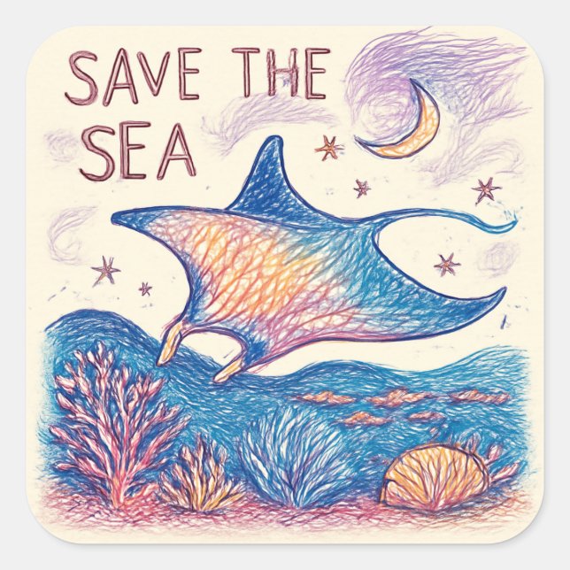 Save the Sea - Colour Pencil Ocean Art Square Sticker (Front)