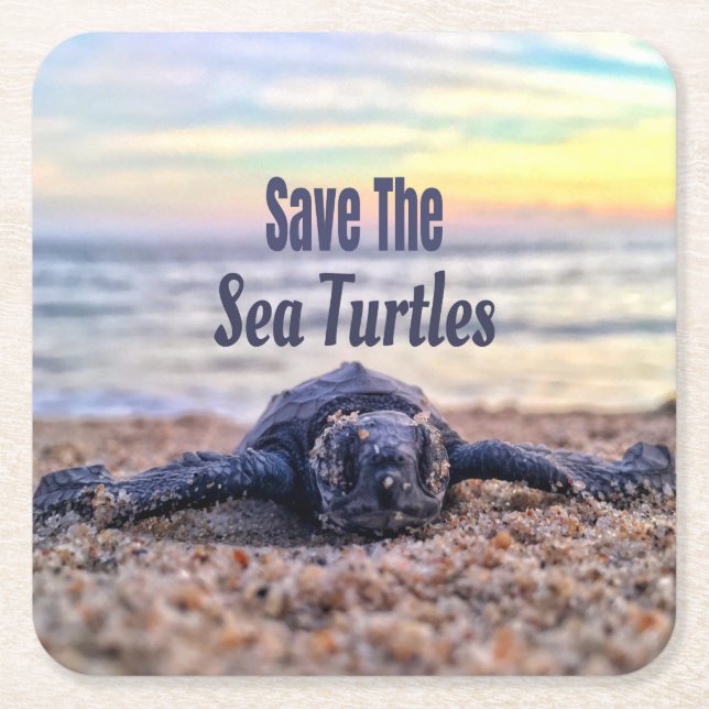 Save The Sea Turtles Square Paper Coaster (Front)