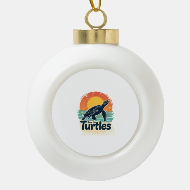 Save The Turtles Animal Rights Sea Turtle Retro St Ceramic Ball Christmas Ornament (Front)