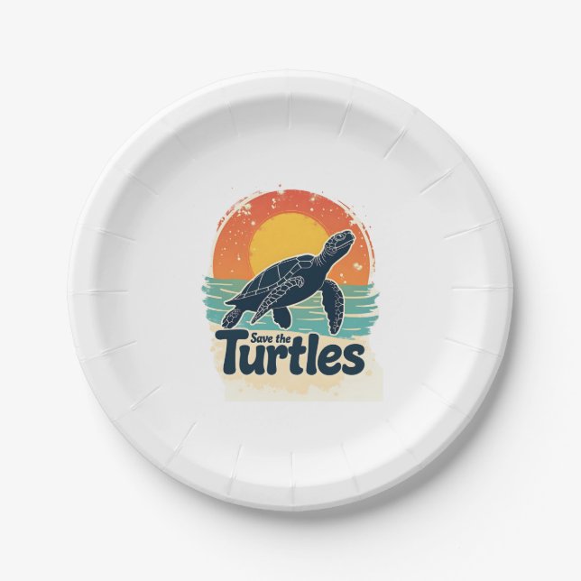 Save The Turtles Animal Rights Sea Turtle Retro St Paper Plate (Front)