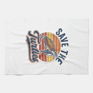 Save The Turtles Vintage Sea Turtle T-Shirt Design Tea Towel