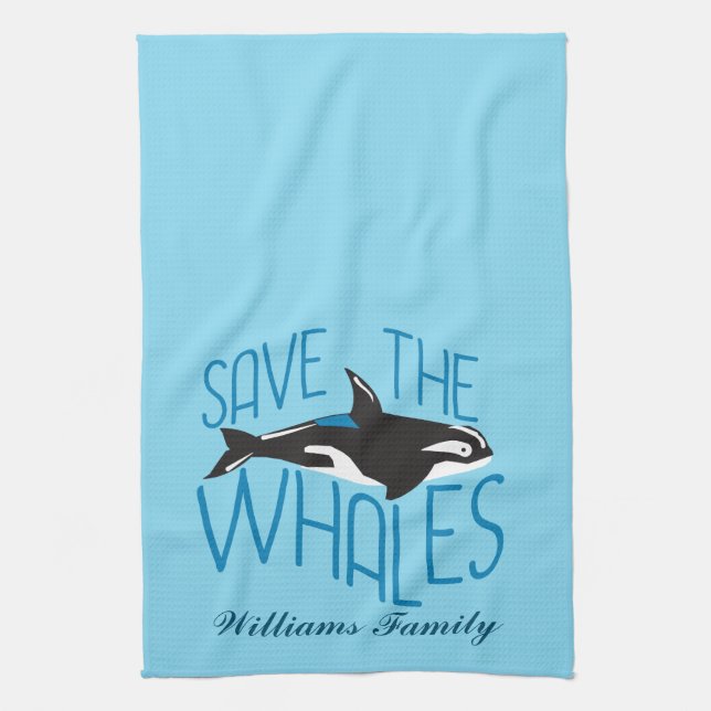 Save the Whales Custom Blue Tea Towel (Vertical)