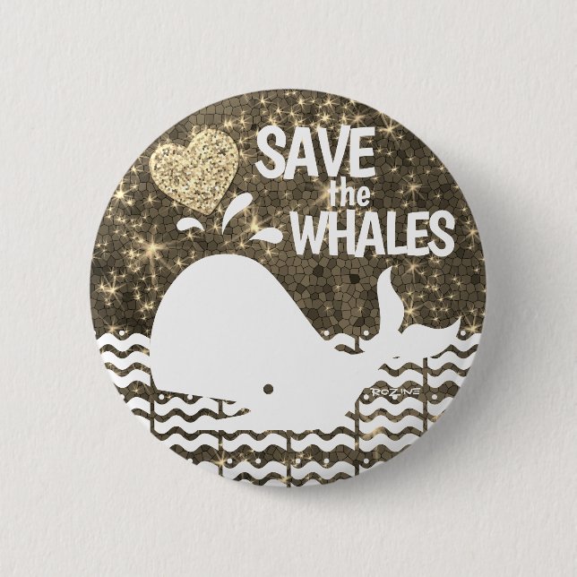 Save the Whales Gold Glitter Heart Sparkles 6 Cm Round Badge (Front)