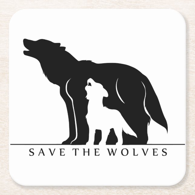 Save the Wolves (white ver.) Square Paper Coaster (Front)