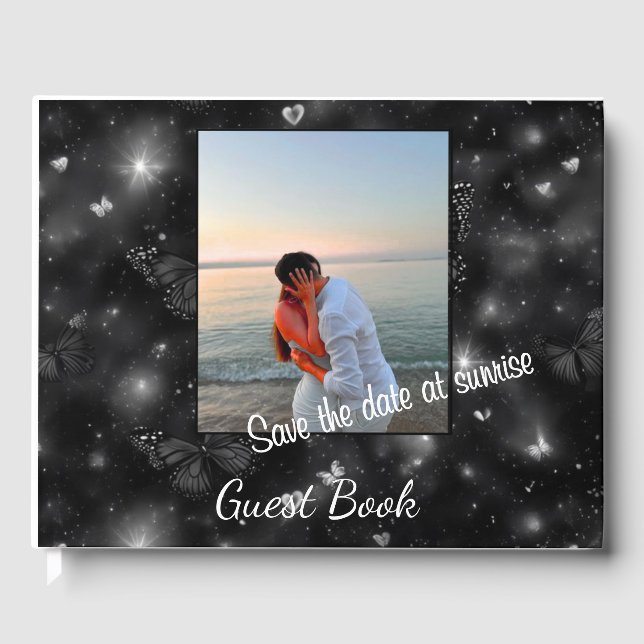 Save theDateat Sunrise– Elegant Glitter Butterflie Guest Book (Front)