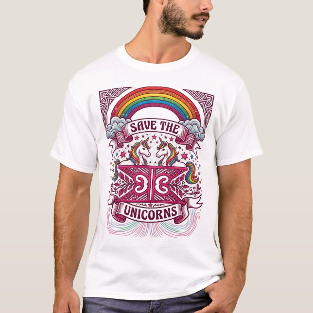 Save Unicorns Rainbow Clouds Stars T-Shirt (Front)