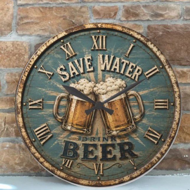 Save Water Drink Beer Rustic Home Bar Large Clock (Creator Uploaded)
