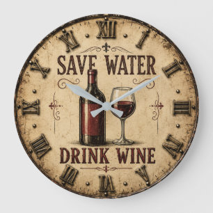 Save Water Drink Wine Funny Vintage Rustic Kitchen Large Clock