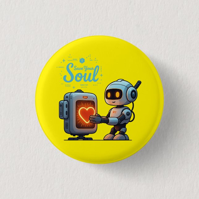 Save Your Soul Cute Robot Holding Heart – Futurist 3 Cm Round Badge (Front)