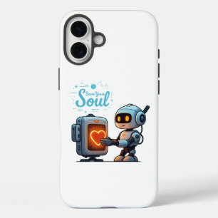 Save Your Soul Cute Robot Holding Heart – Futurist iPhone 16 Plus Case
