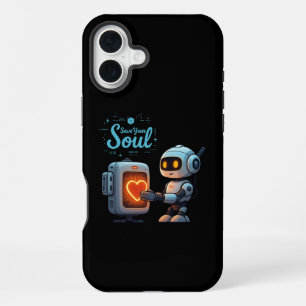 Save Your Soul Cute Robot Holding Heart – Futurist iPhone 16 Plus Case