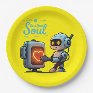 Save Your Soul Cute Robot Holding Heart – Futurist Paper Plate