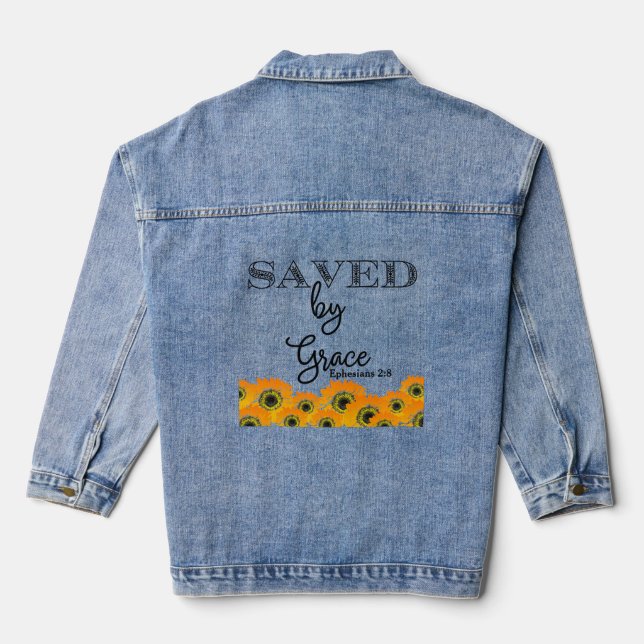 Saved by Grace Ephesians 2 KJV Bible Sunflower Denim Jacket (Back)
