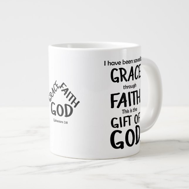 Saved By Grace Through Faith Black Ephesians 2:8 Large Coffee Mug (Front Right)