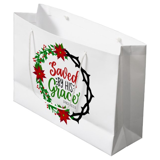 Saved by His Grace Christmas Wreath Large Gift Bag (Front Angled)