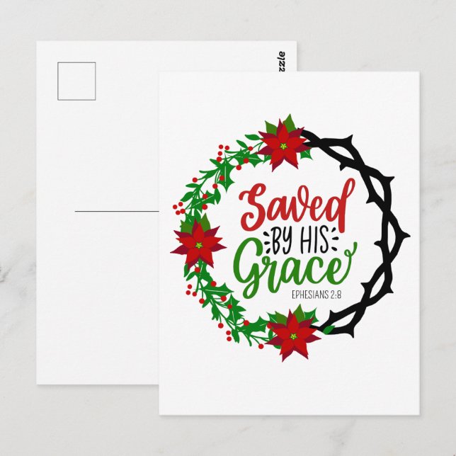 Saved by His Grace Christmas Wreath Postcard (Front/Back)