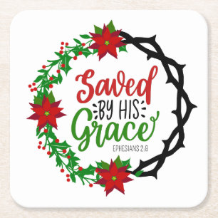 Saved by His Grace Christmas Wreath Square Paper Coaster