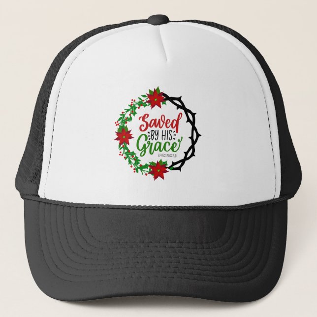 Saved by His Grace Christmas Wreath Trucker Hat (Front)