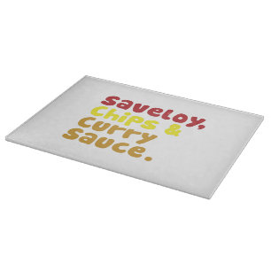 Saveloy, Chips & Curry Sauce. Cutting Board