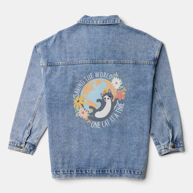 Saving the world one cat at a time cat lover denim jacket (Back)
