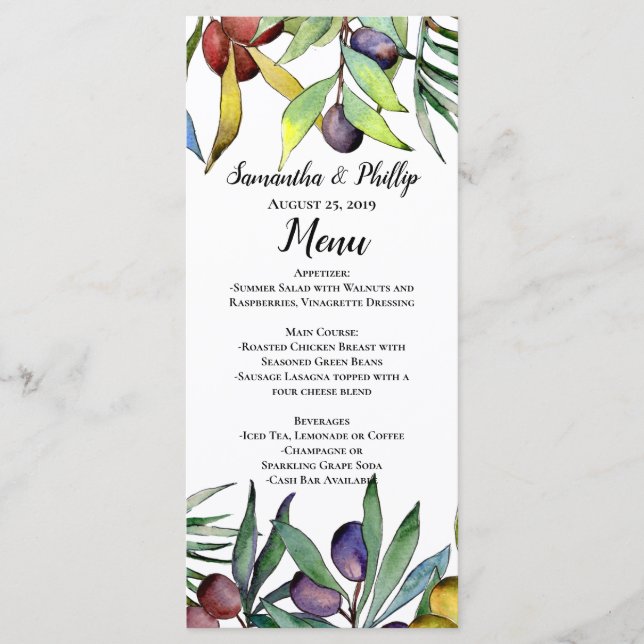 Savory Olives Tuscan Watercolor Wedding Menu (Front)