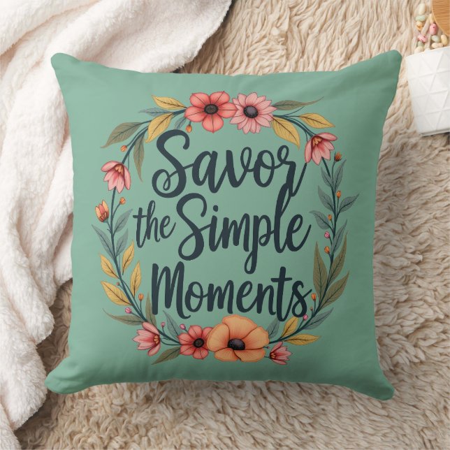 Savour the Simple Moments Boho Floral Quote Cushion (Blanket)