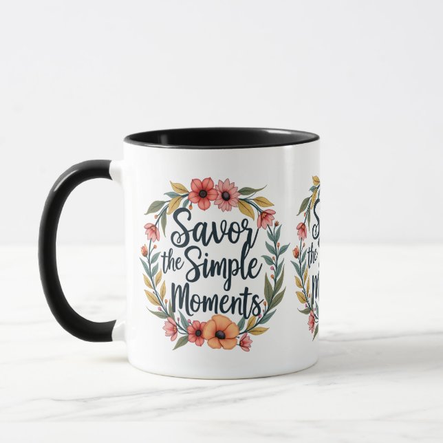 Savour the Simple Moments Boho Floral Quote Mug (Left)