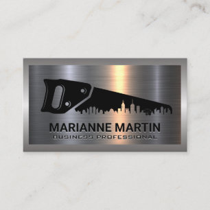 Saw and City Logo Construction Metallic Business Card